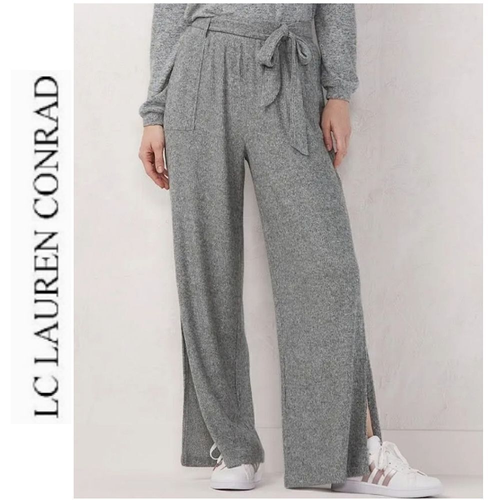 Lauren Conrad Grey High Rise Belted Wide Leg Slit Knit Pants Large NWOT‎
